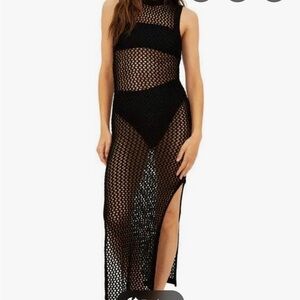 Nordstrom Black Crochet Open-Knit Sheer Sleeveless Maxi Cover-Up Dress L *Flaw